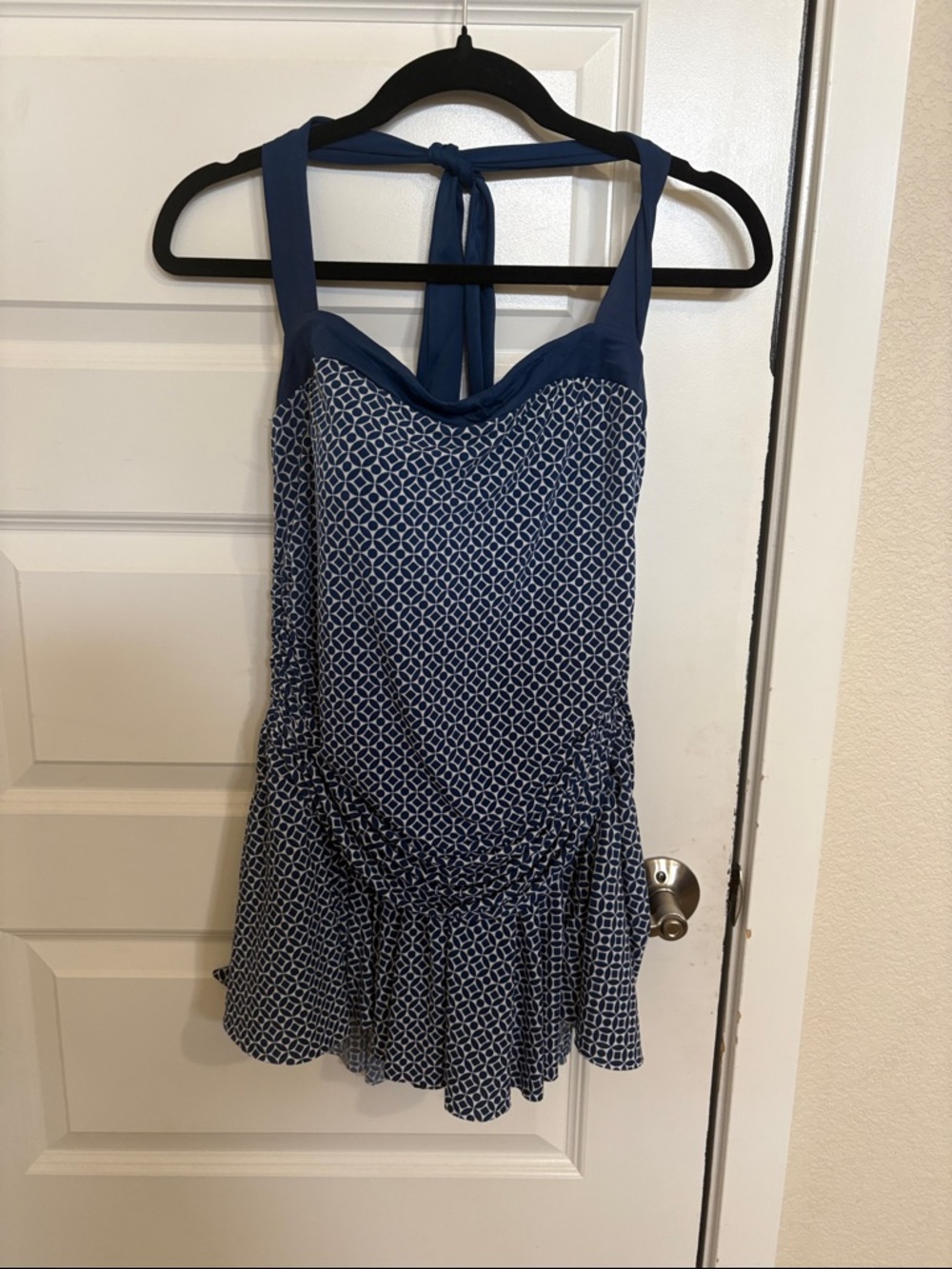 Catalina Navy Patterned One—Piece Halter Swimsuit with Skirt
